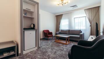 A compact living space with a kitchenette, a sofa, a coffee table, and a TV.