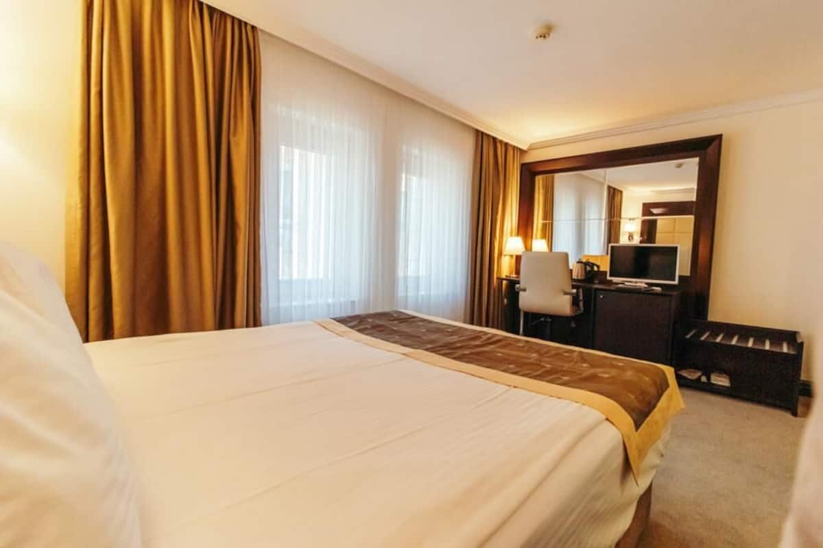 A hotel room with a bed, a desk with a chair, a television, and a mirror.