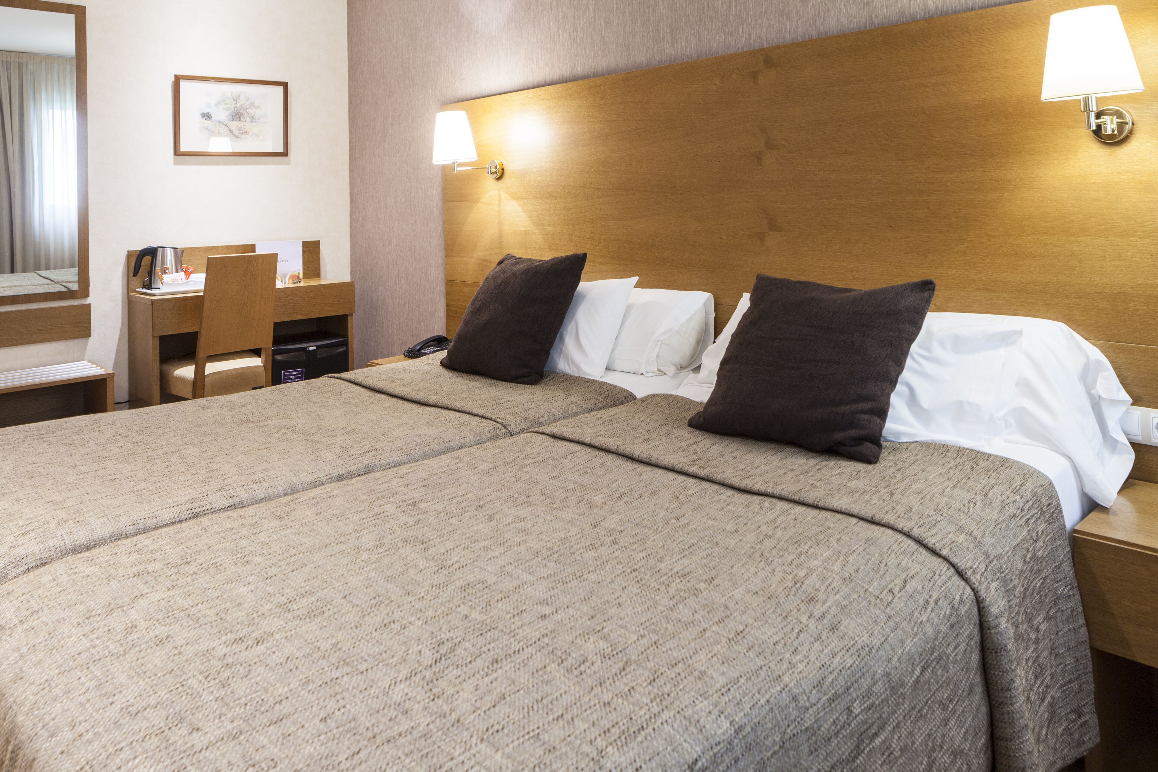 Camera d'albergo con un letto grande, due cuscini, un comodino, una scrivania con una sedia, una lampada e un quadro appeso al muro.