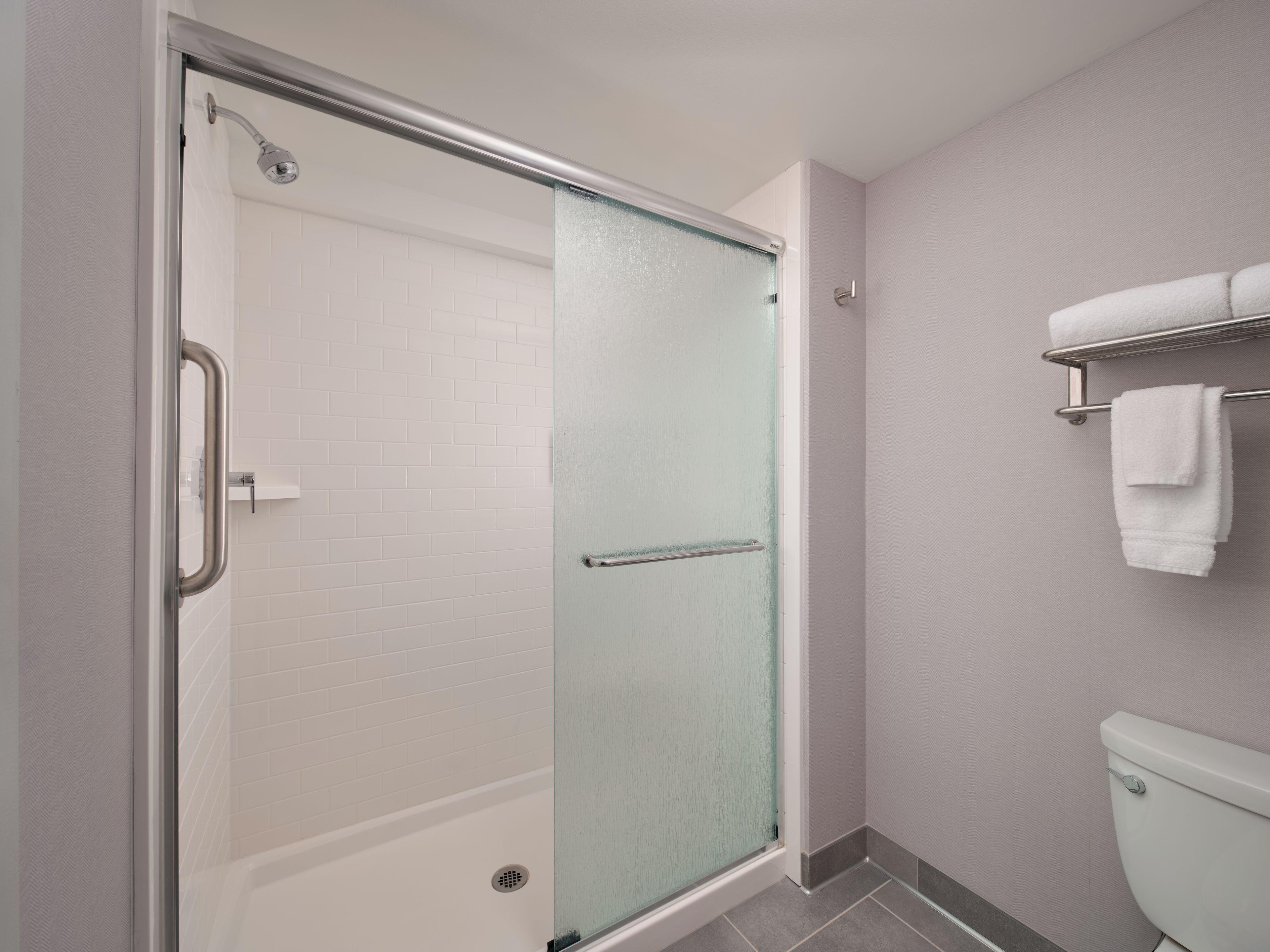A bathroom with a glass shower enclosure, a white toilet, and a towel rack with two towels.