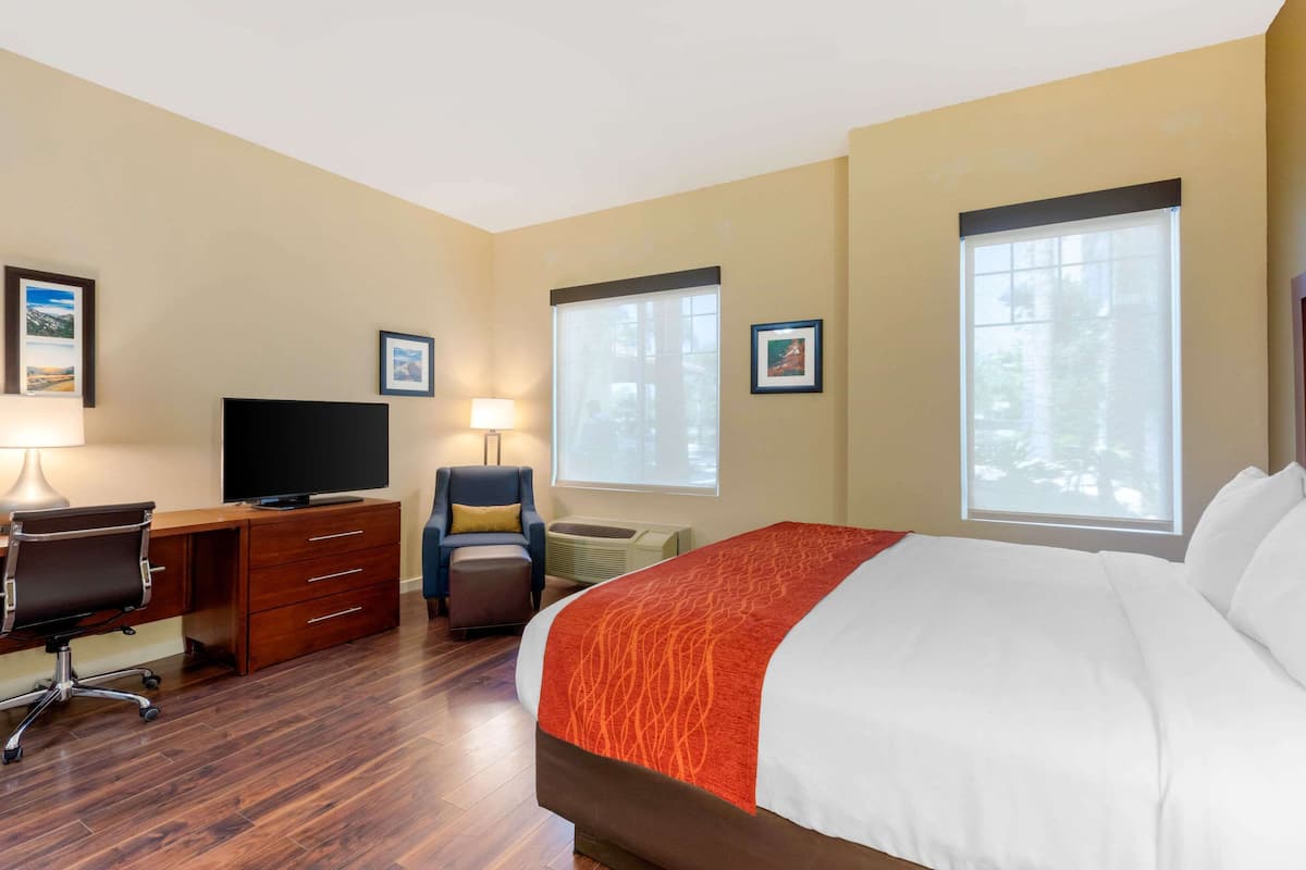 Een hotelkamer met een groot bed, een bureau met een computer, een stoel en een televisietoestel.