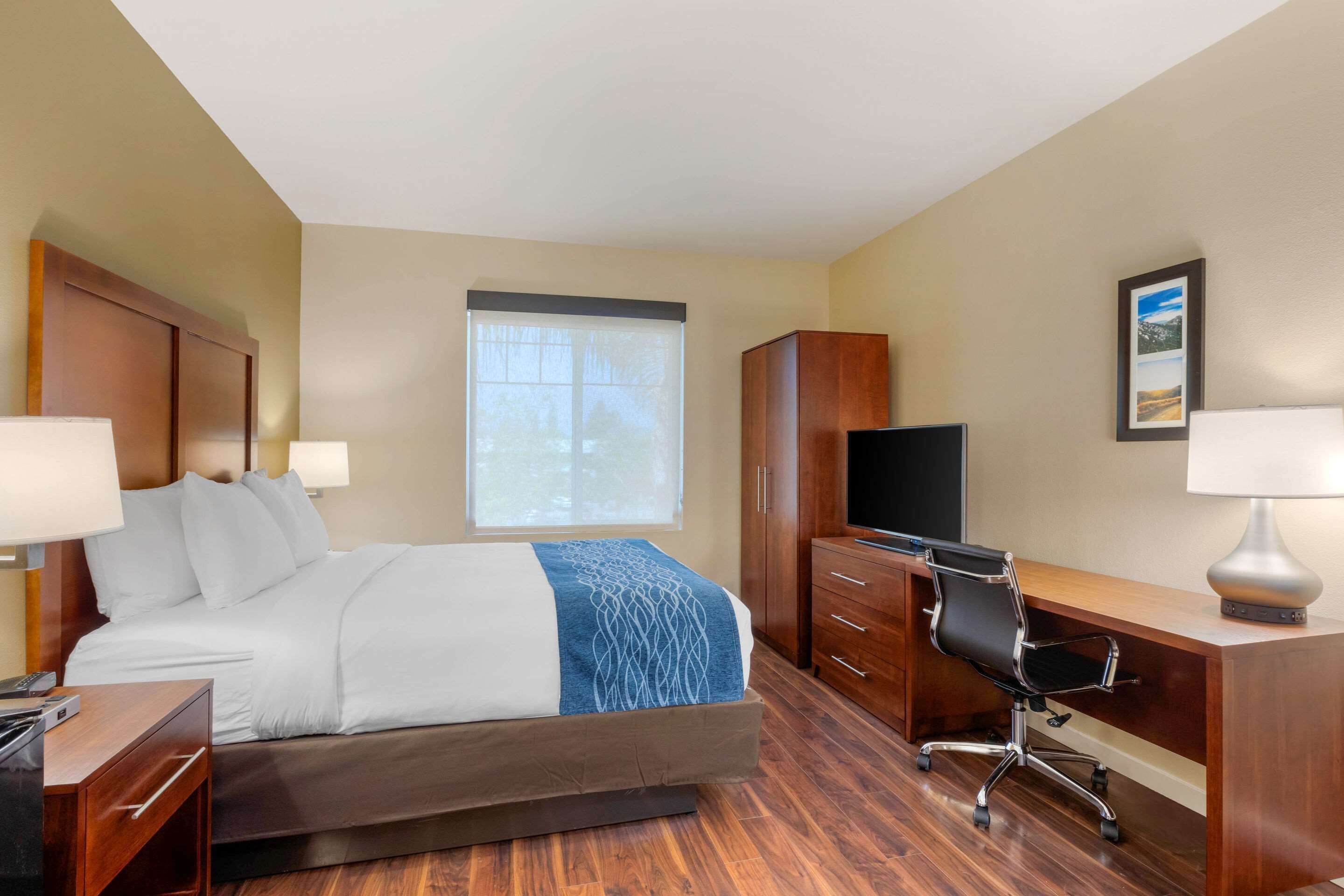 A hotel room with a bed, a desk, a chair, a TV, and a window with blinds.