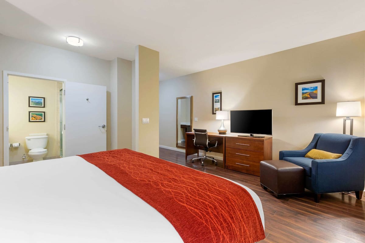 Een hotelkamer met een bed, een bureau, een stoel, een televisie en een badkamer.