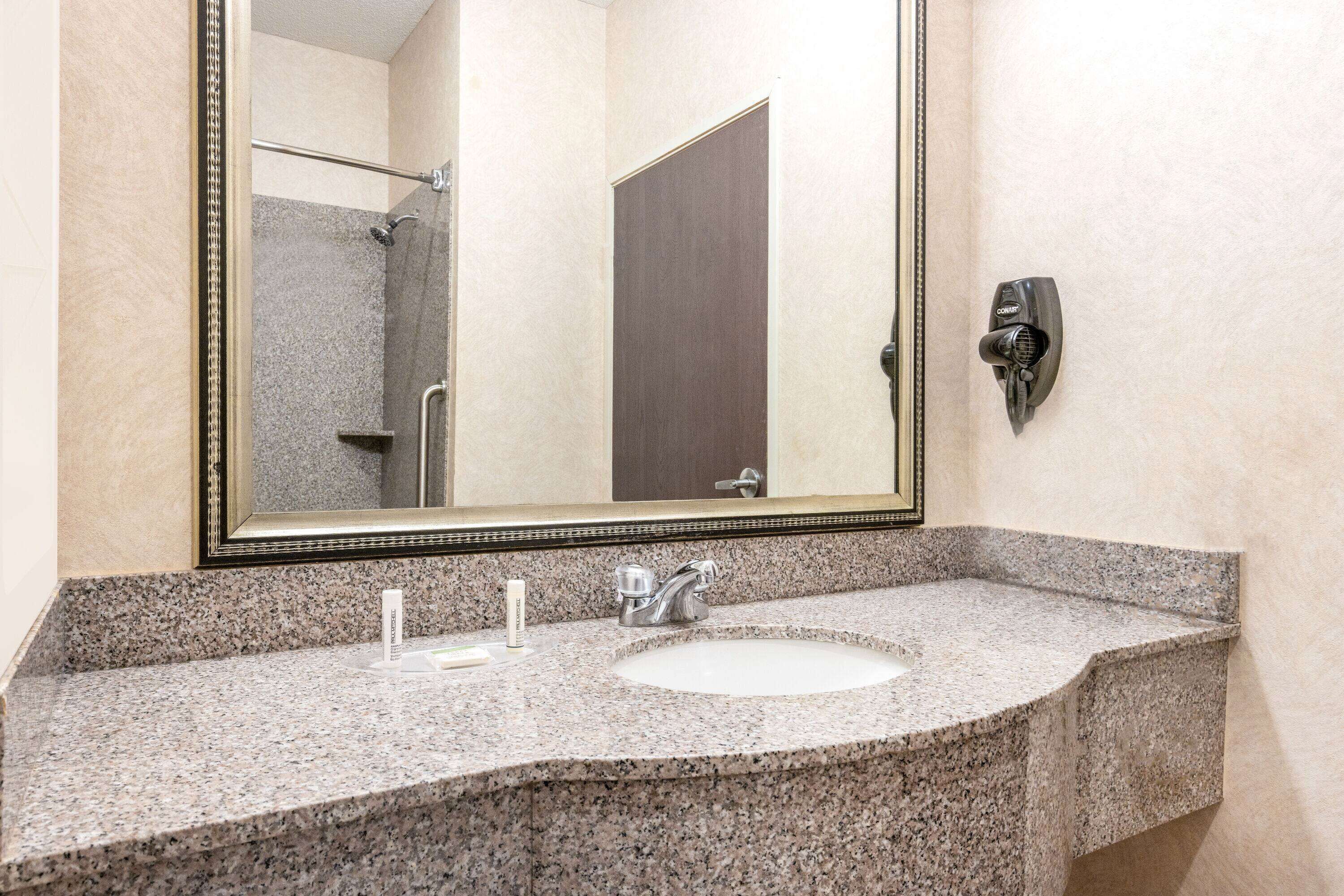 combined shower/bathtub, free toiletries, hair dryer, towels