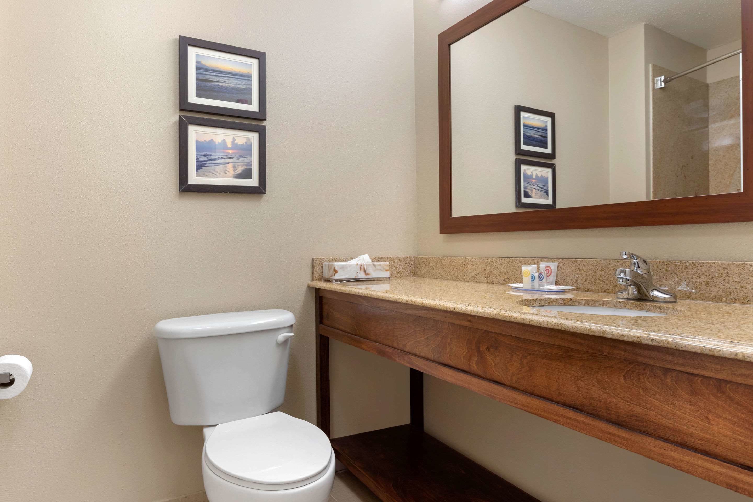 A bathroom with a toilet, sink, and mirror. There are two framed pictures on the wall.