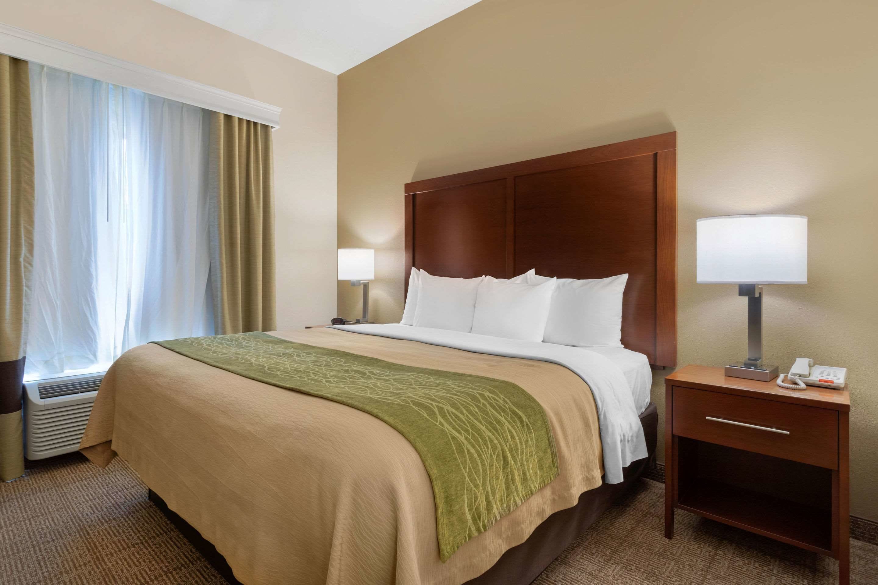 Premium bedding, desk, laptop workspace, blackout curtains