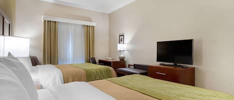 Premium bedding, desk, laptop workspace, blackout curtains