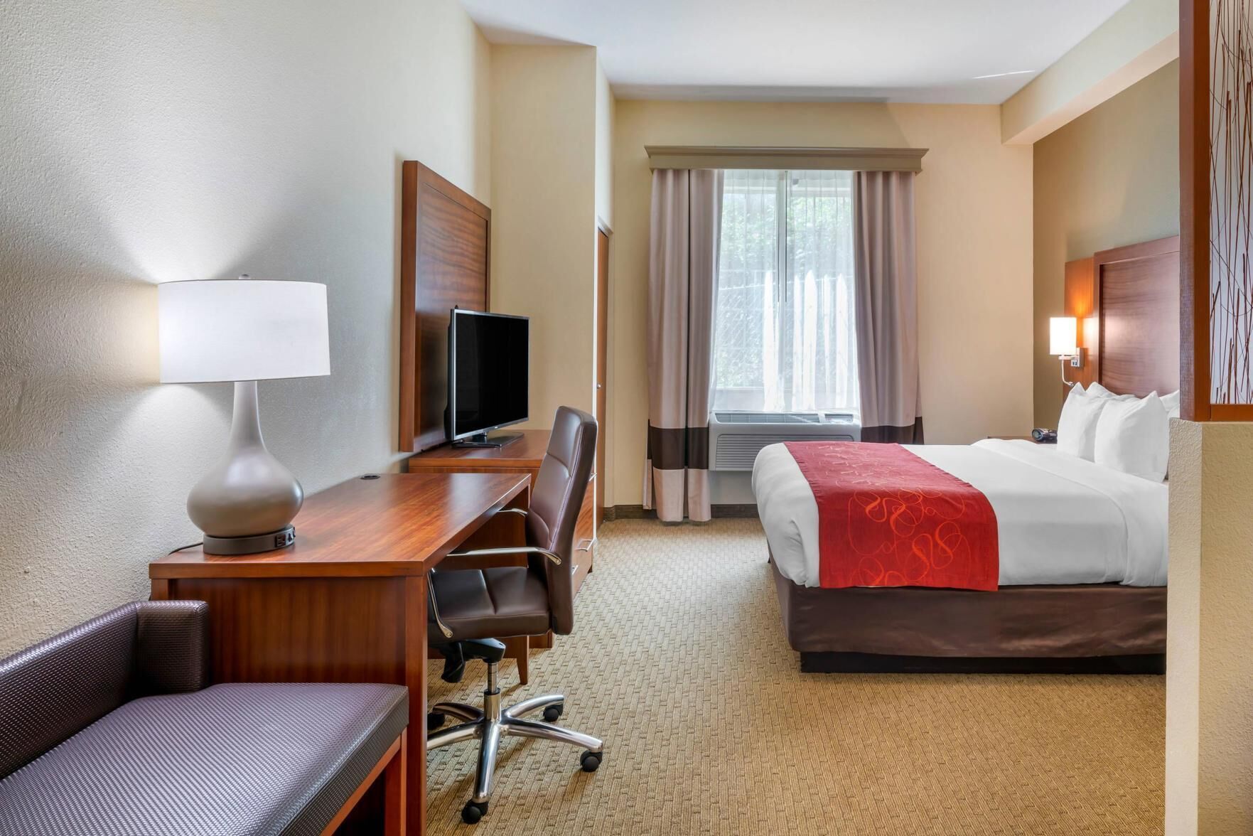Premium bedding, pillowtop beds, desk, blackout drapes