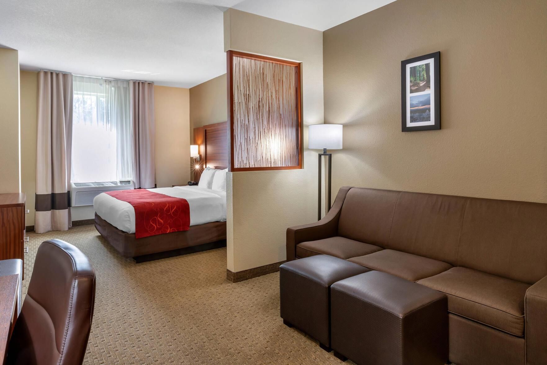 Premium bedding, pillowtop beds, desk, blackout drapes