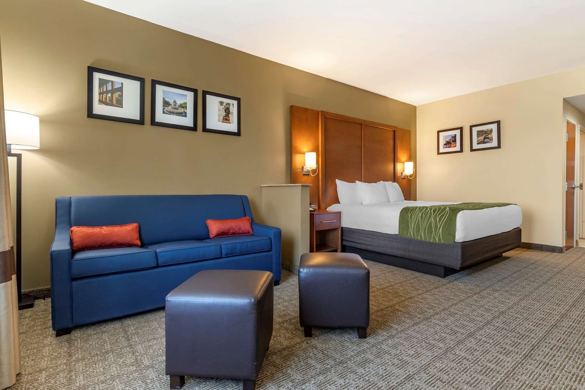 A hotel room with a blue sofa, a bed with a green throw, and a small table.