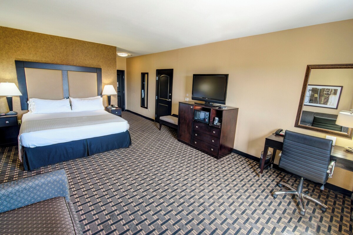 Una habitación de hotel con una cama grande, un escritorio con computadora, un televisor y una silla.
