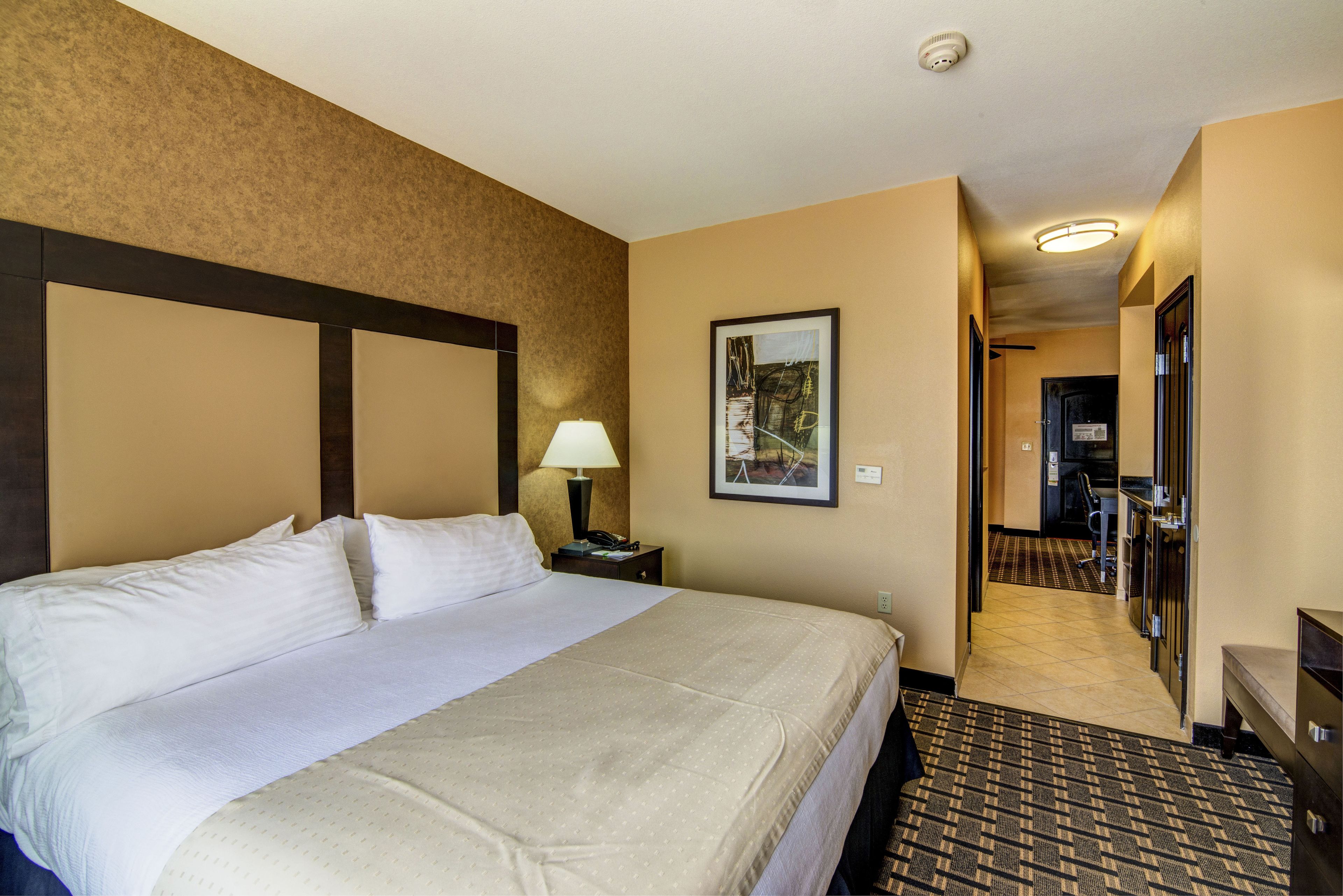 Une chambre d’hôtel avec un grand lit, une table de chevet avec une lampe, un tableau encadré au mur et un sol recouvert de moquette.