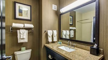 A bathroom with a toilet, sink, and large mirror. There are towels hanging on a rack and a framed picture on the wall.