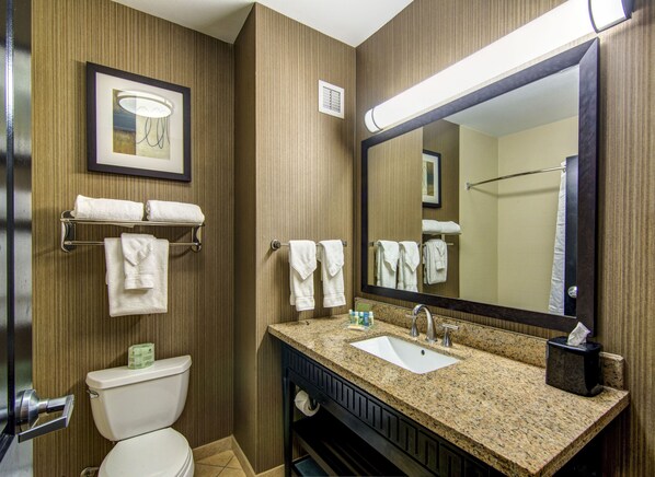 A bathroom with a toilet, sink, and large mirror. There are towels hanging on a rack and a framed picture on the wall. - Holiday Inn Arlington NE-Rangers Ballpark by IHG (Arlington)