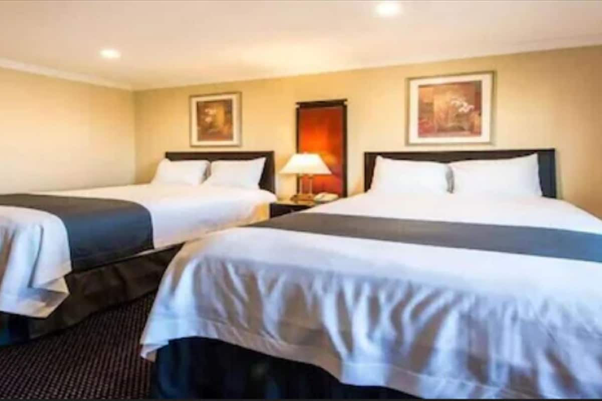 family room, 2 queen beds, refrigerator & microwave, city view | desk, rollaway beds, free wifi