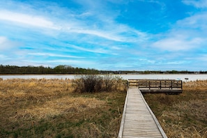 A wooden pier leading to a dock with a bench, surrounded by dry grass and a body of water. - Coast Innisfail Hotel  (Innisfail)