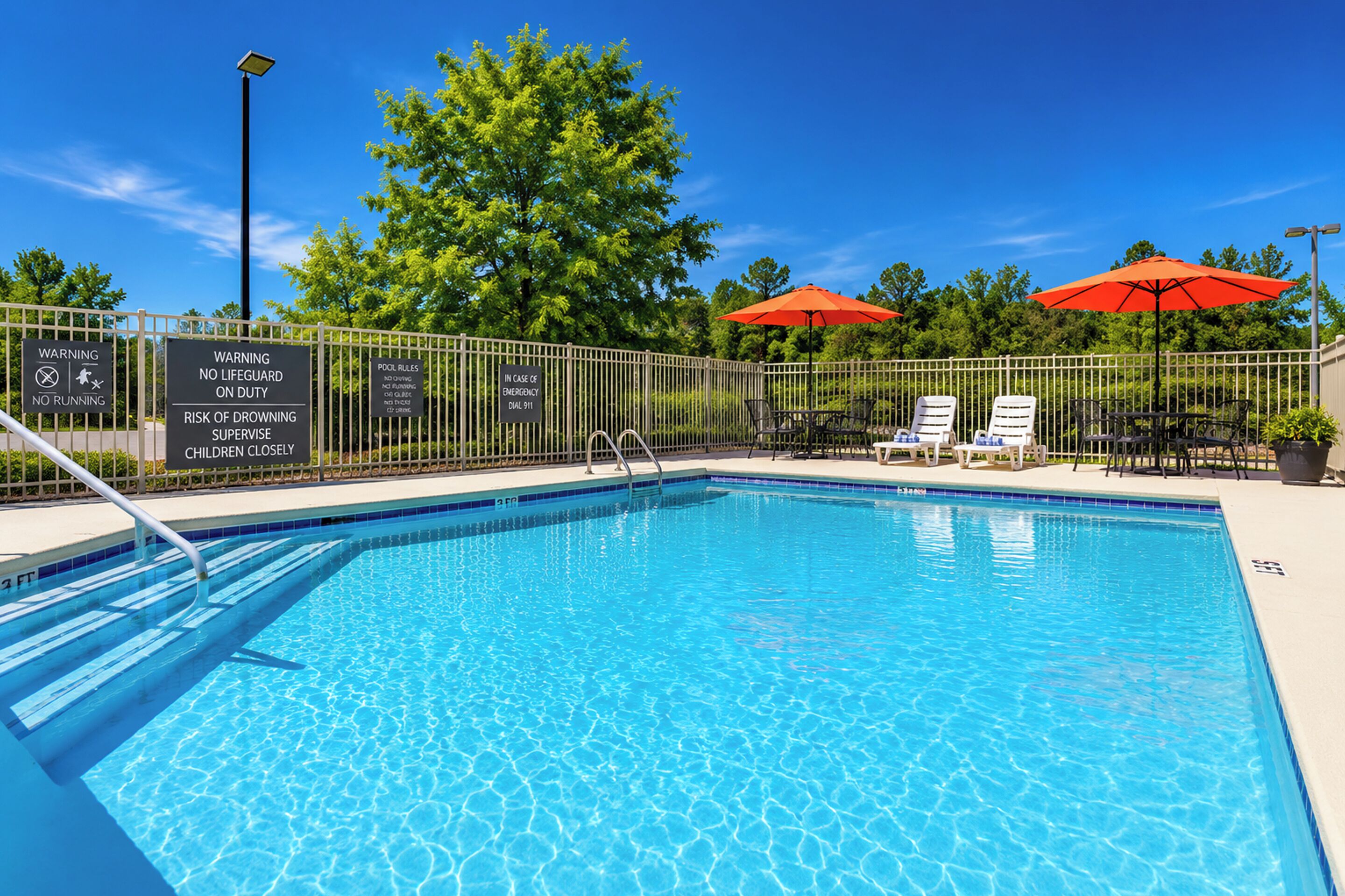 Seasonal outdoor pool, open 10:00 AM to 10:00 PM, pool loungers