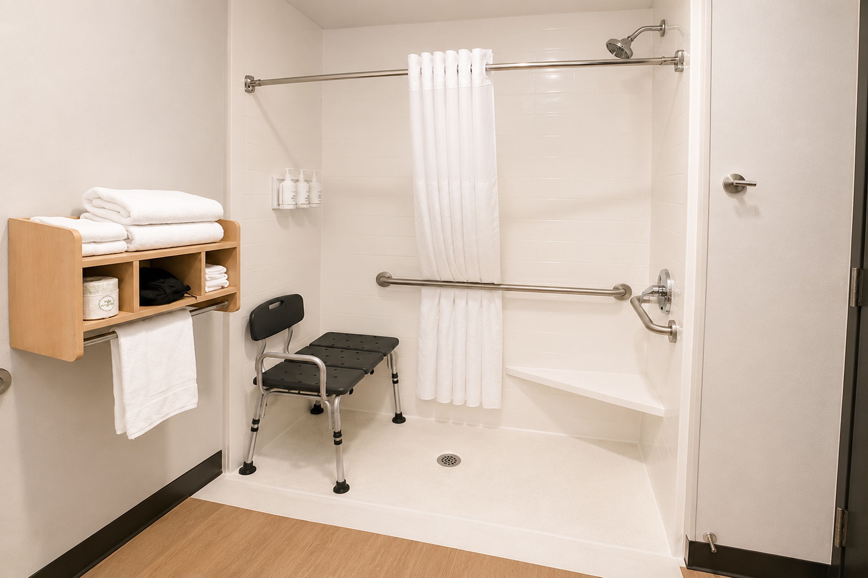 Zona de ducha con barra de apoyo, silla de ruedas y estante con toallas.