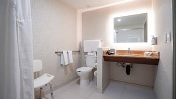 Shower, free toiletries, hair dryer, towels