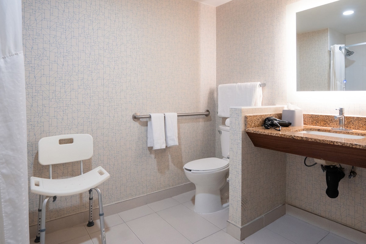 shower, free toiletries, hair dryer, towels