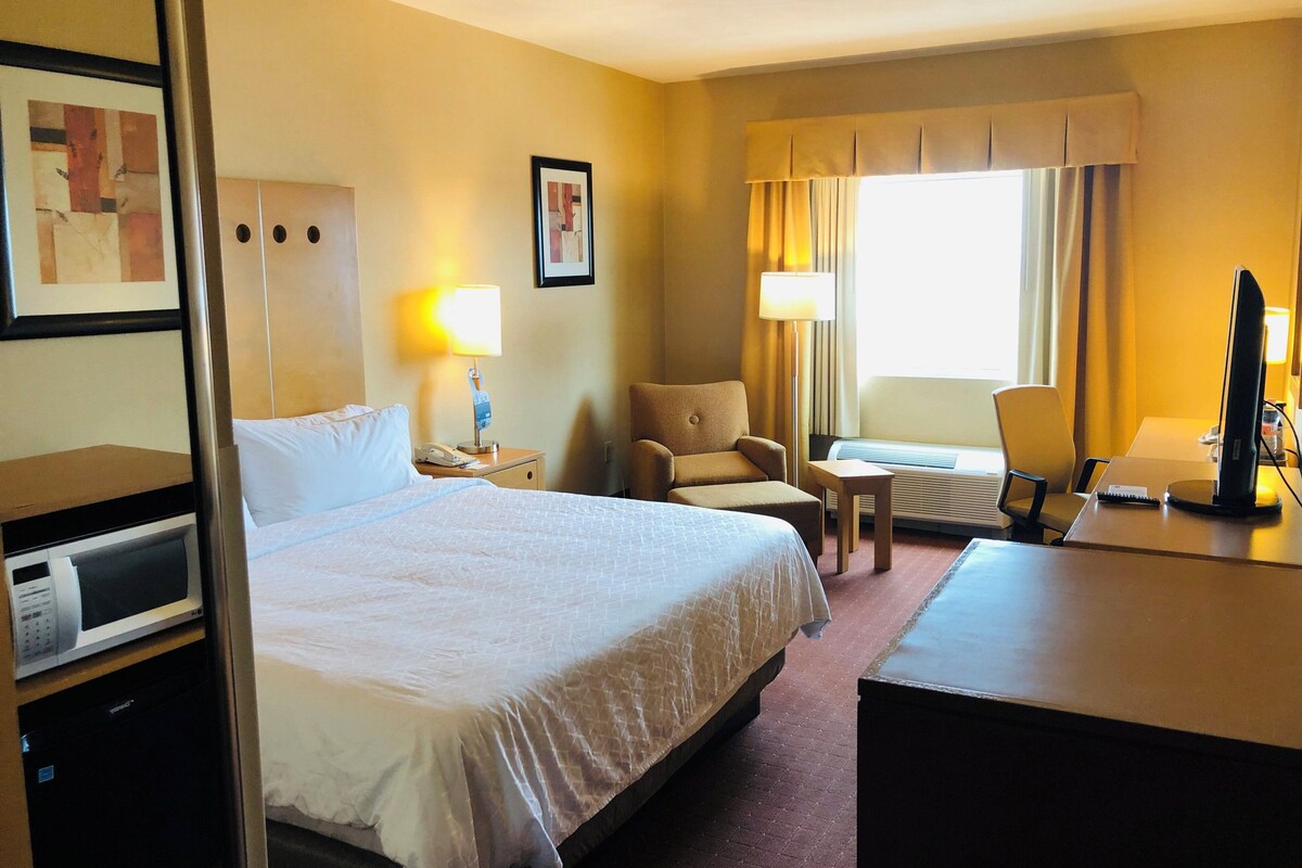 A hotel room with a large bed, a desk, a chair, a lamp, and a television.