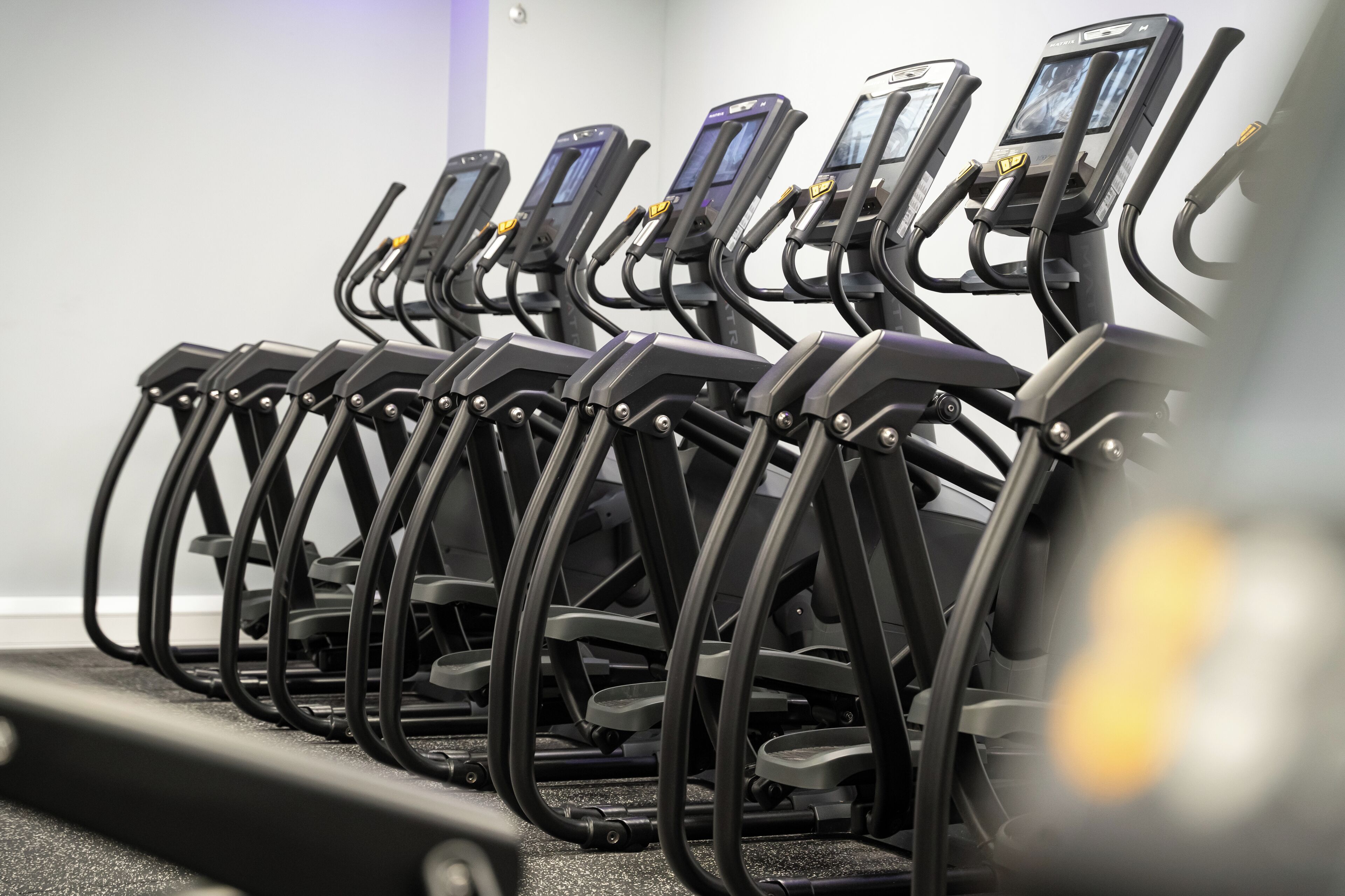 A row of stationary bikes in a gym.