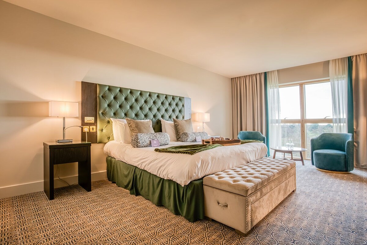 Habitación de hotel con una cama grande, una mesita de noche, un banco, una silla y vistas al exterior.