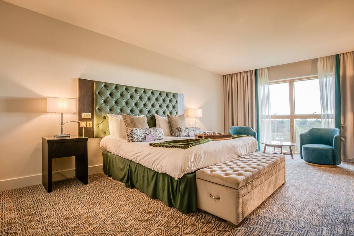 Habitación de hotel con una cama grande, una mesita de noche, un banco, una silla y vistas al exterior.