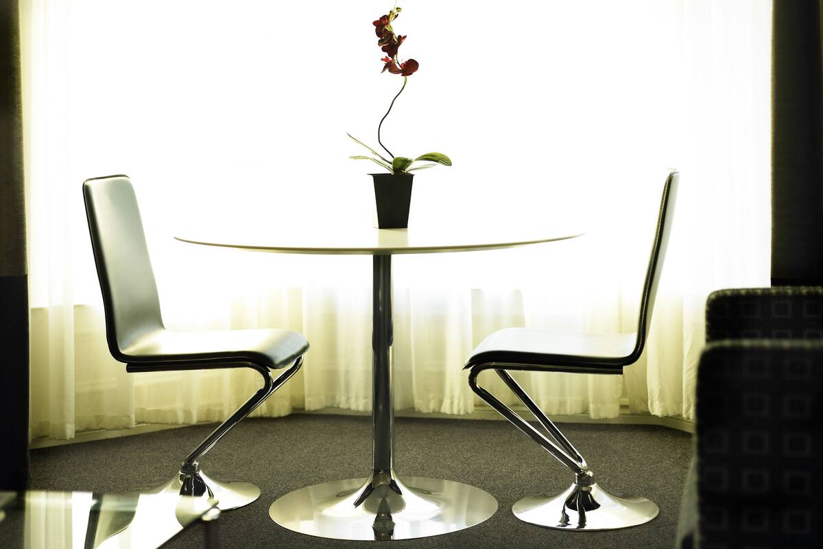 Une table ronde en verre, ornée d’une seule plante en pot, deux chaises et une vue sur une fenêtre avec des rideaux légers.