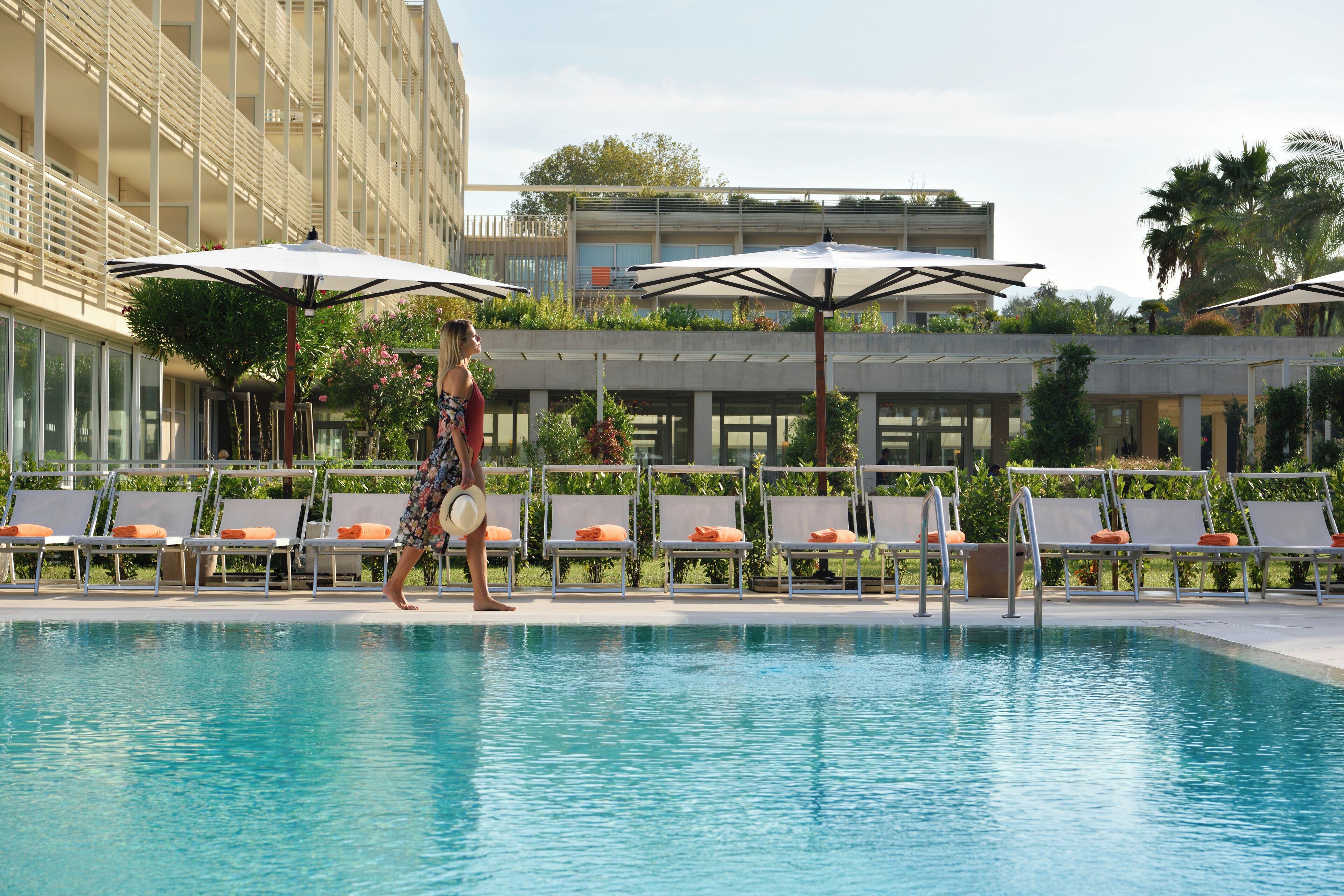 indoor pool, seasonal outdoor pool, pool loungers