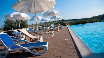 Piscine extérieure, chaises longues