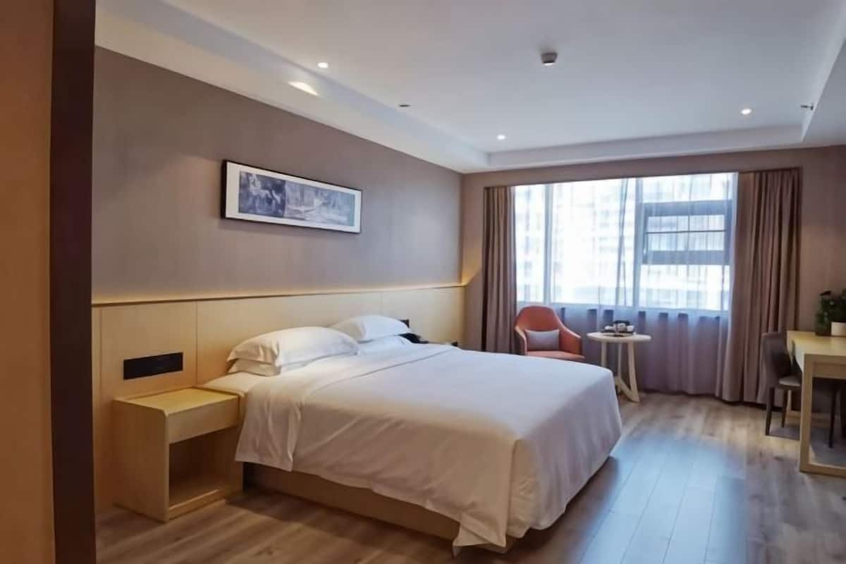 A hotel room with a bed, bedside table, chair, and a small table with a plant.