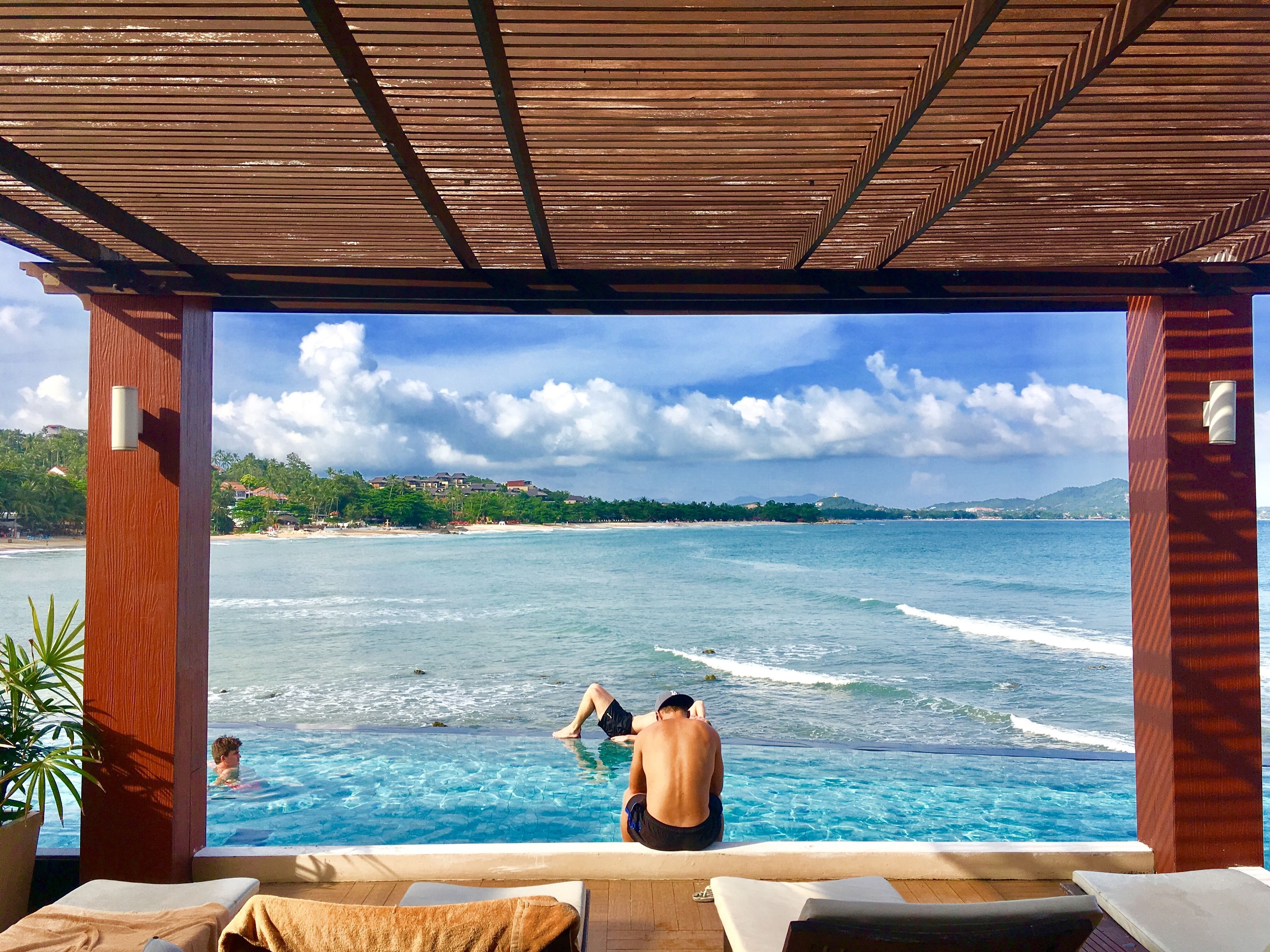 Outdoor pool, pool umbrellas, pool loungers