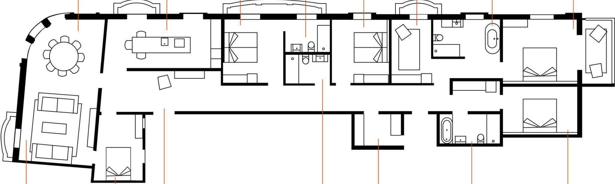 Un plan d’étage d’un hôtel comprenant plusieurs chambres, un couloir central et un espace repas.