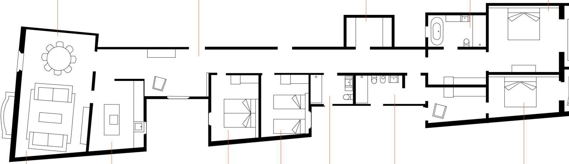 A floor plan with multiple rooms, including a kitchen, bathroom, and living area.