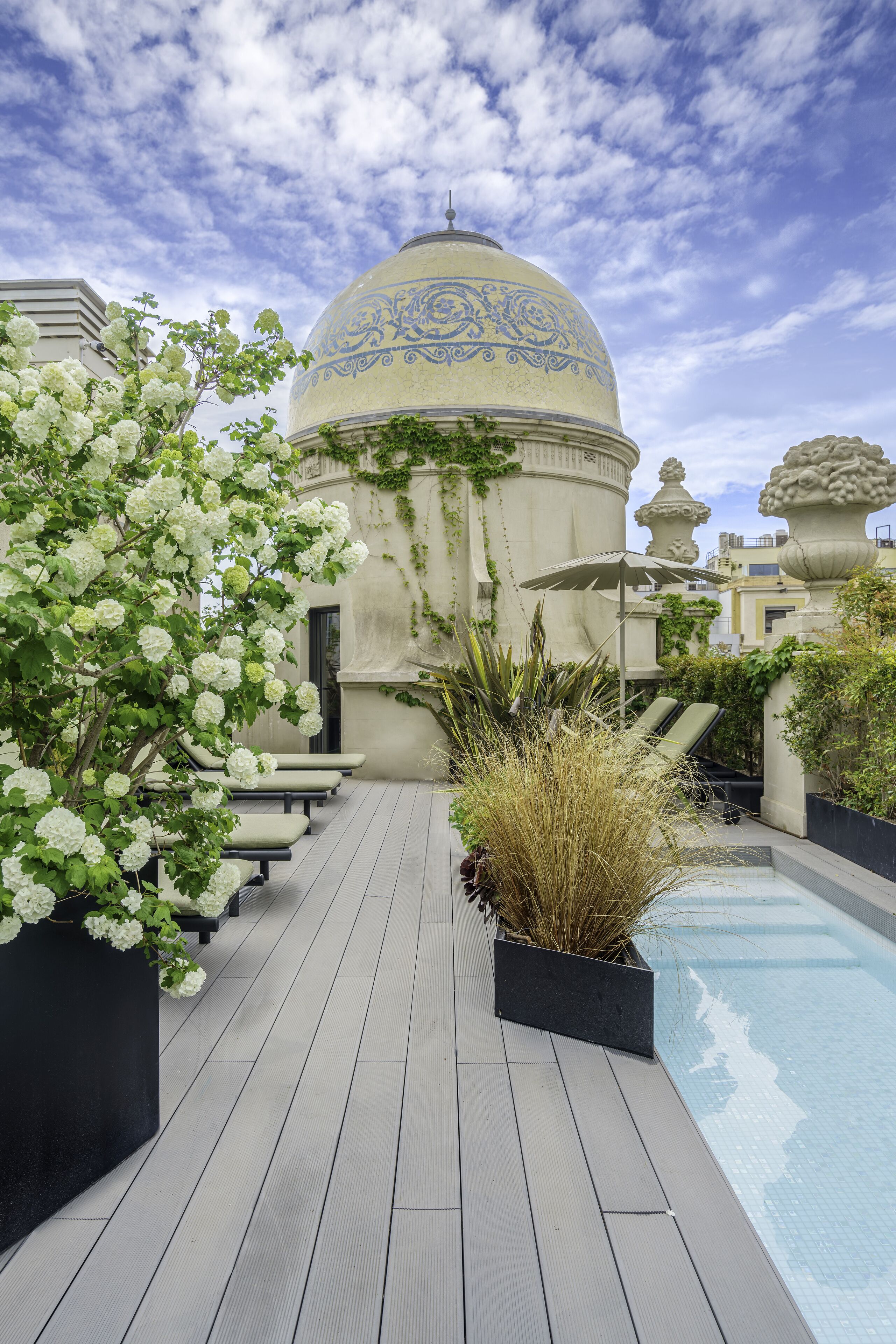 A rooftop pool area with a dome structure, lounge chairs, and potted plants.