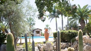 A desert garden with cacti and palm trees, a pool, and a small building in the background. - Valleforno Country House di Charme (Ispica)