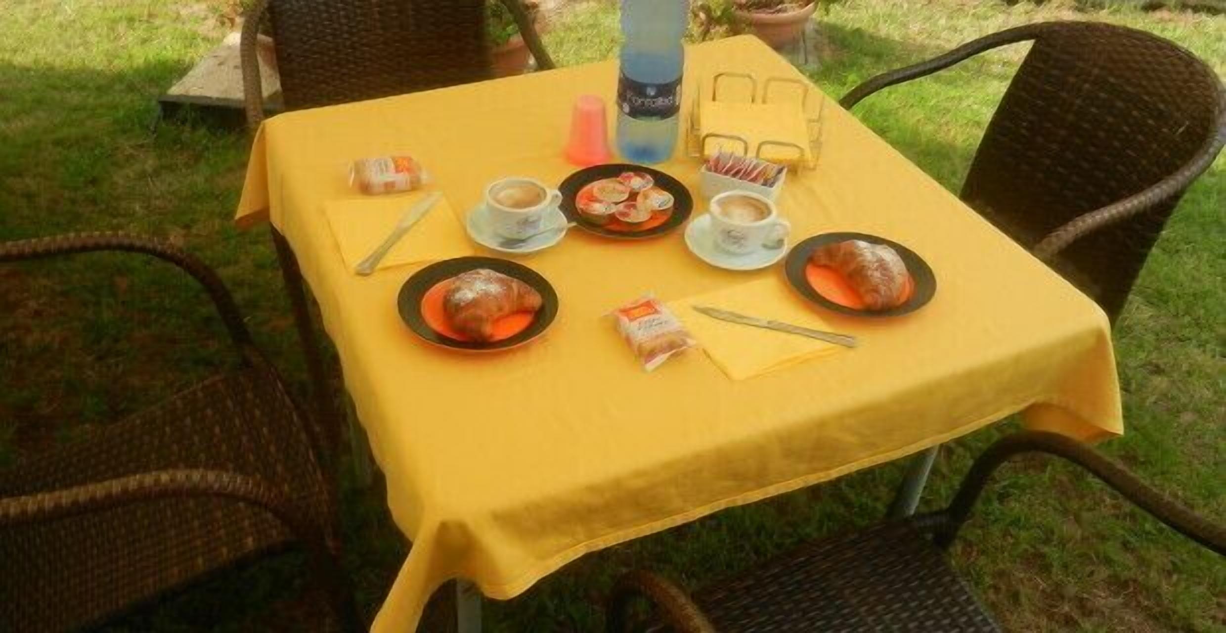 Une table dressée à l’extérieur, avec des assiettes remplies de nourriture, des tasses et des couverts.