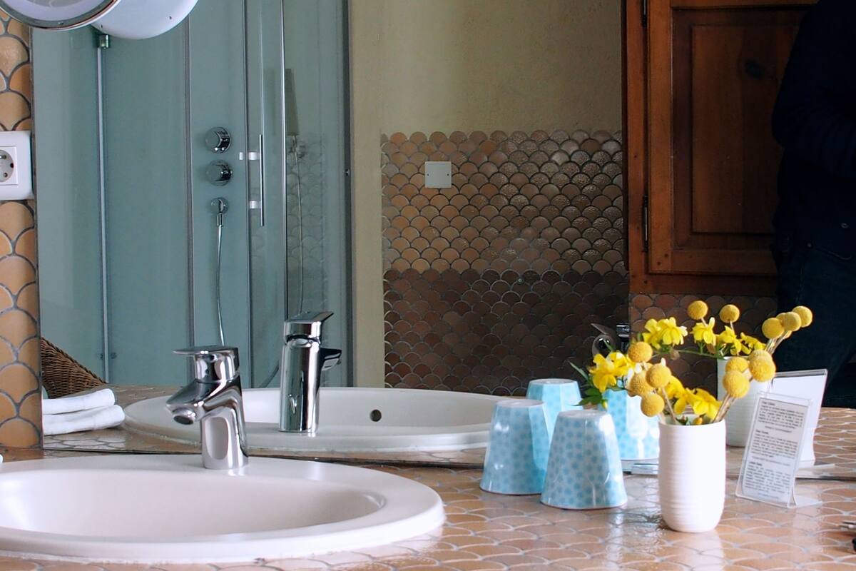 superior double room | bathroom | shower, free toiletries, hair dryer, towels