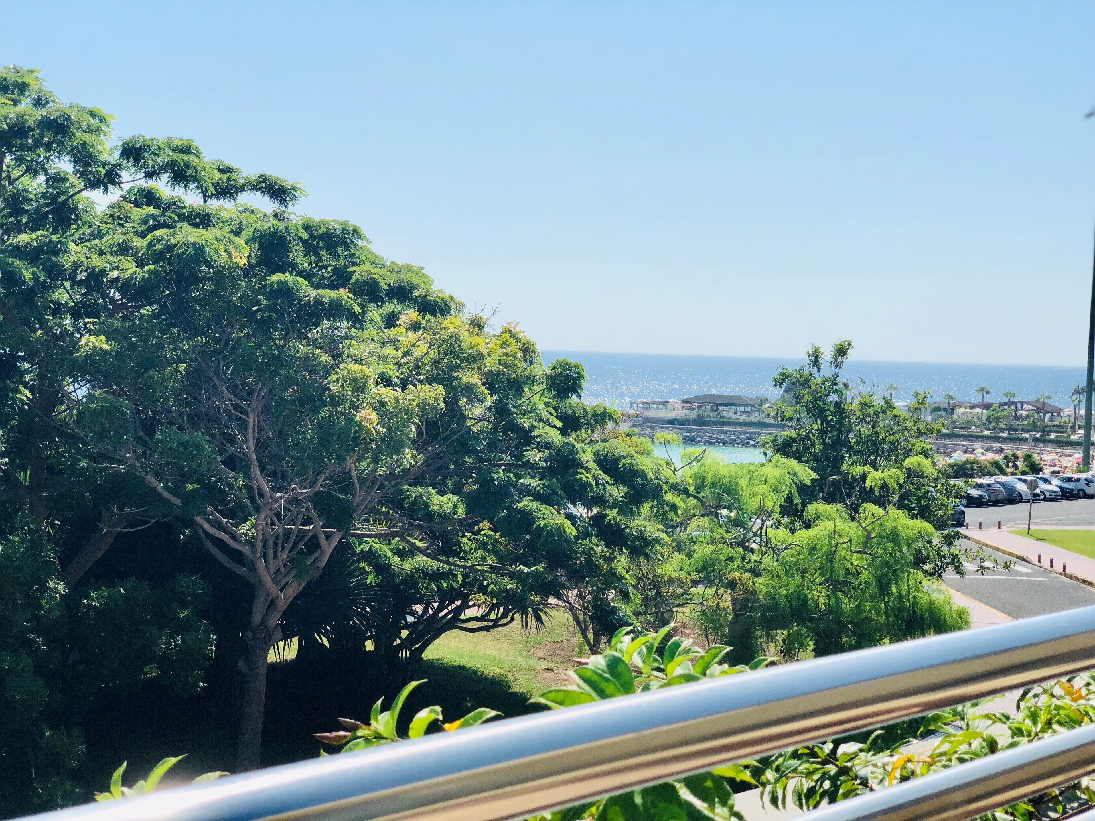 A coastal view with lush greenery and a clear sky.