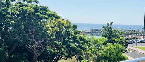 A coastal view with lush greenery and a clear sky.