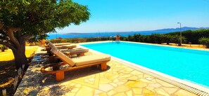 A pool with lounge chairs and a tree, surrounded by a stone patio.