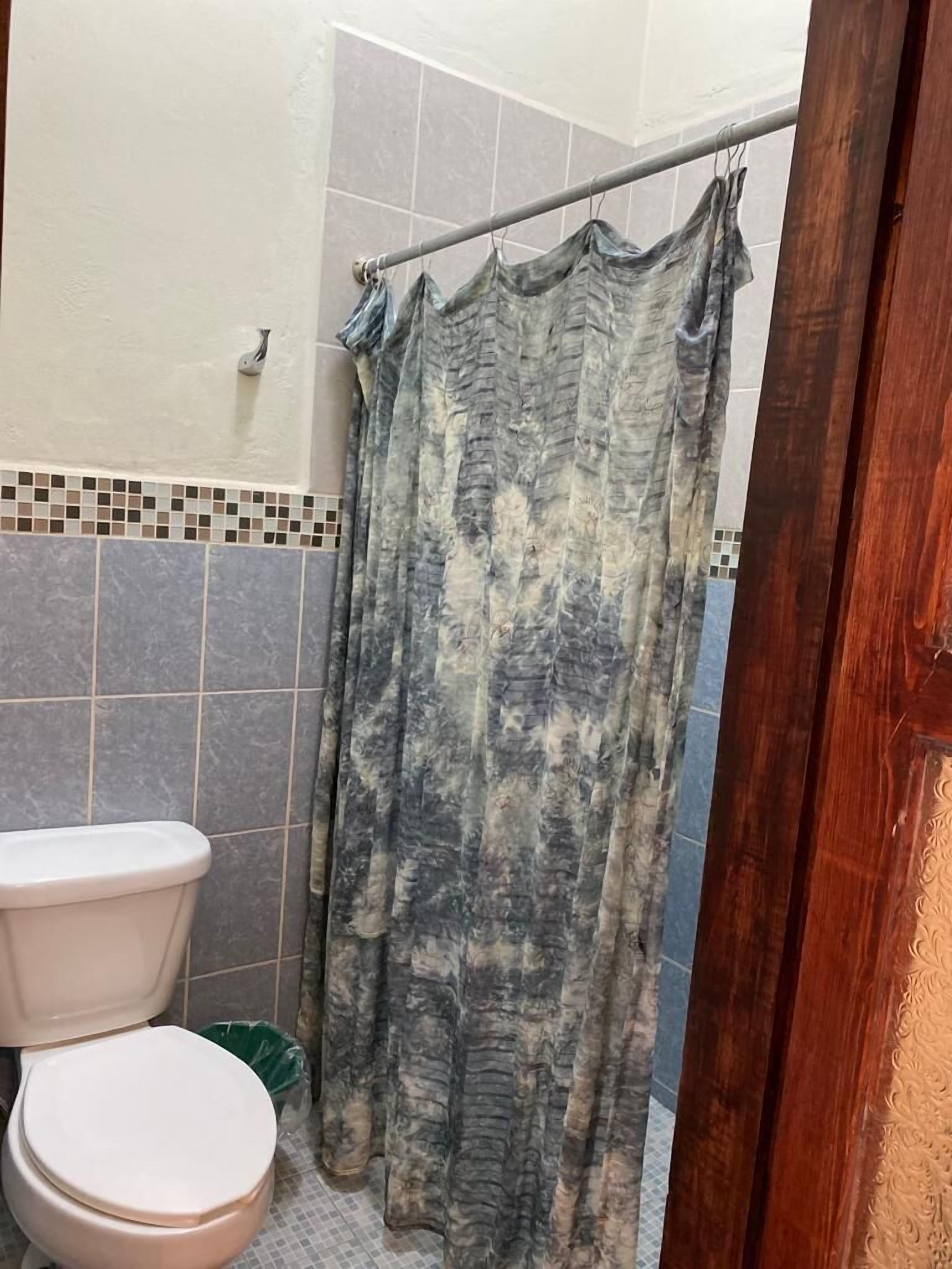 A bathroom with a toilet, shower curtain, and tiled walls.