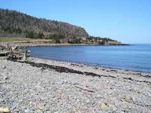 A rocky shoreline with a calm body of water and a forested hill in the background. - Gullivers Cove Oceanview Cottages (Gullivers Cove)