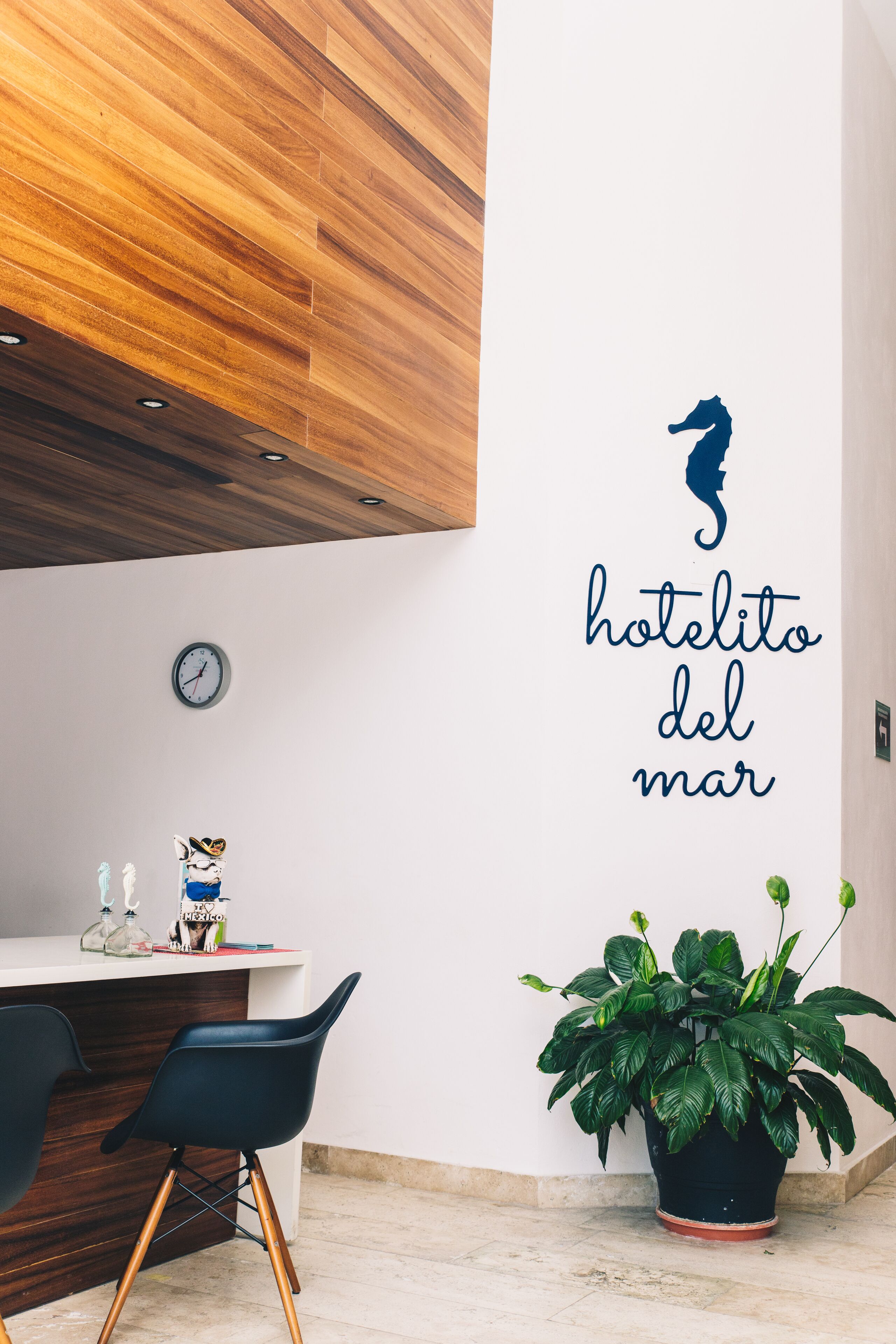 Un interior de hotel moderno con techo de madera, pared blanca con un caballito de mar y texto, escritorio con sillas, un reloj y una planta en maceta.