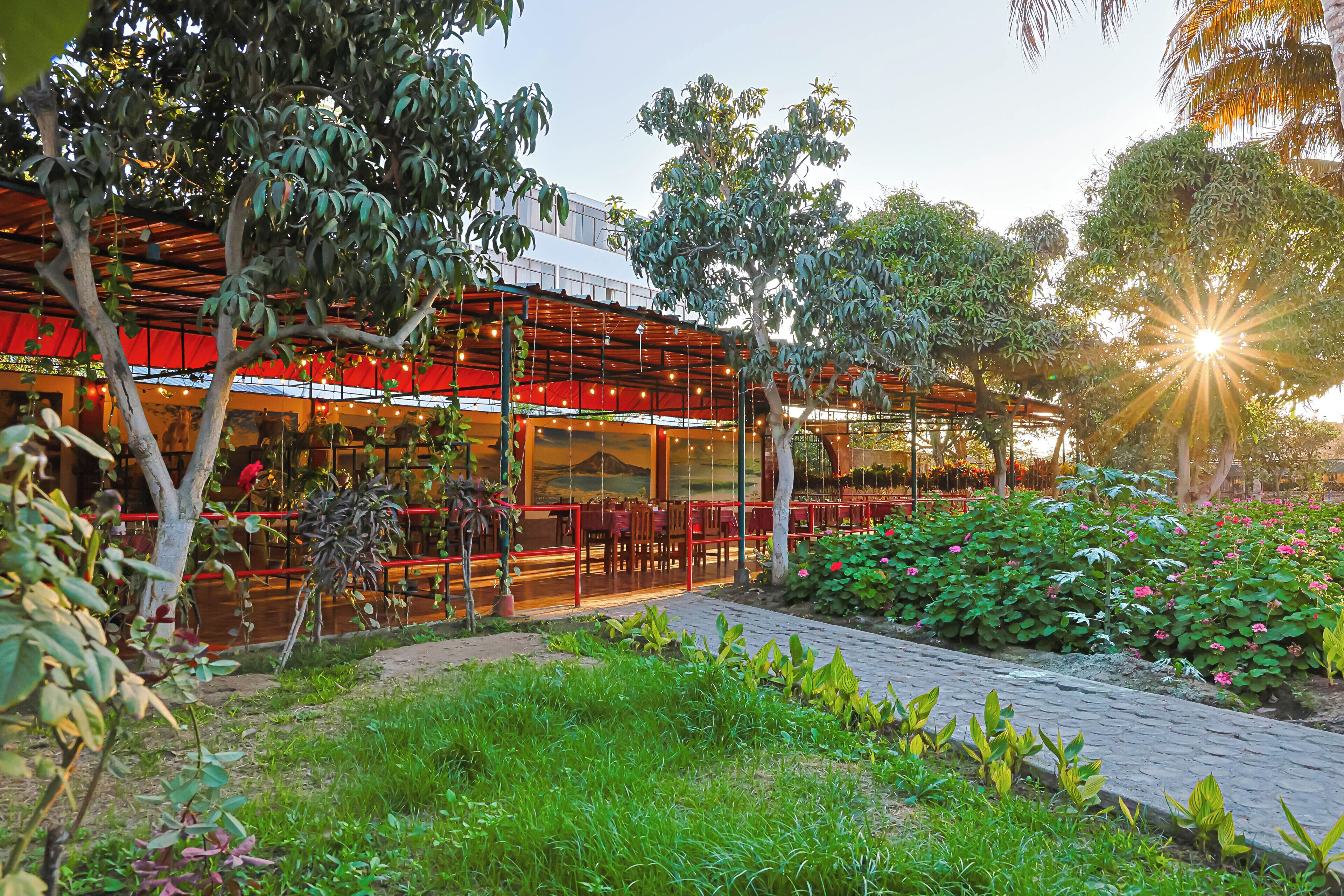 Un restaurant doté d’une terrasse, entouré de verdure et offrant une vue sur le coucher de soleil.