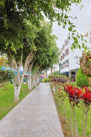 A paved walkway lined with trees and red-leafed plants, leading to a building with multiple balconies.