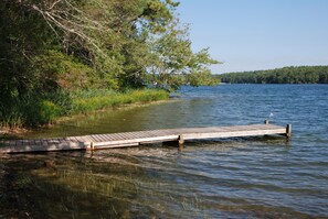Un molo in legno si estende in un lago calmo, circondato da vegetazione lussureggiante e alberi.