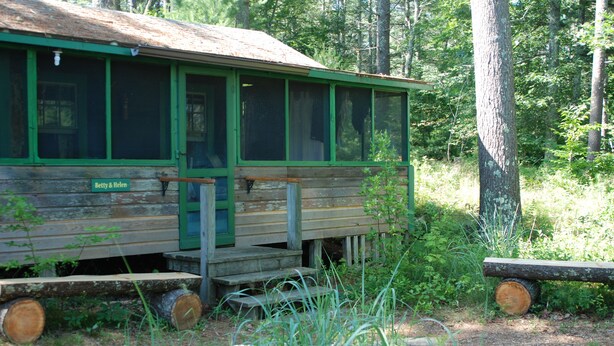 Una cabaña rústica con puerta y ventanas verdes, rodeada de árboles y troncos.