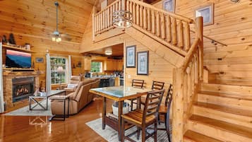 Smart TV, fireplace, DVD player, smart speakers